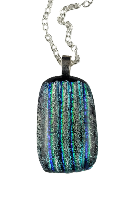 Necklace with a rectangular pendant featuring blue and green stripes on a white background