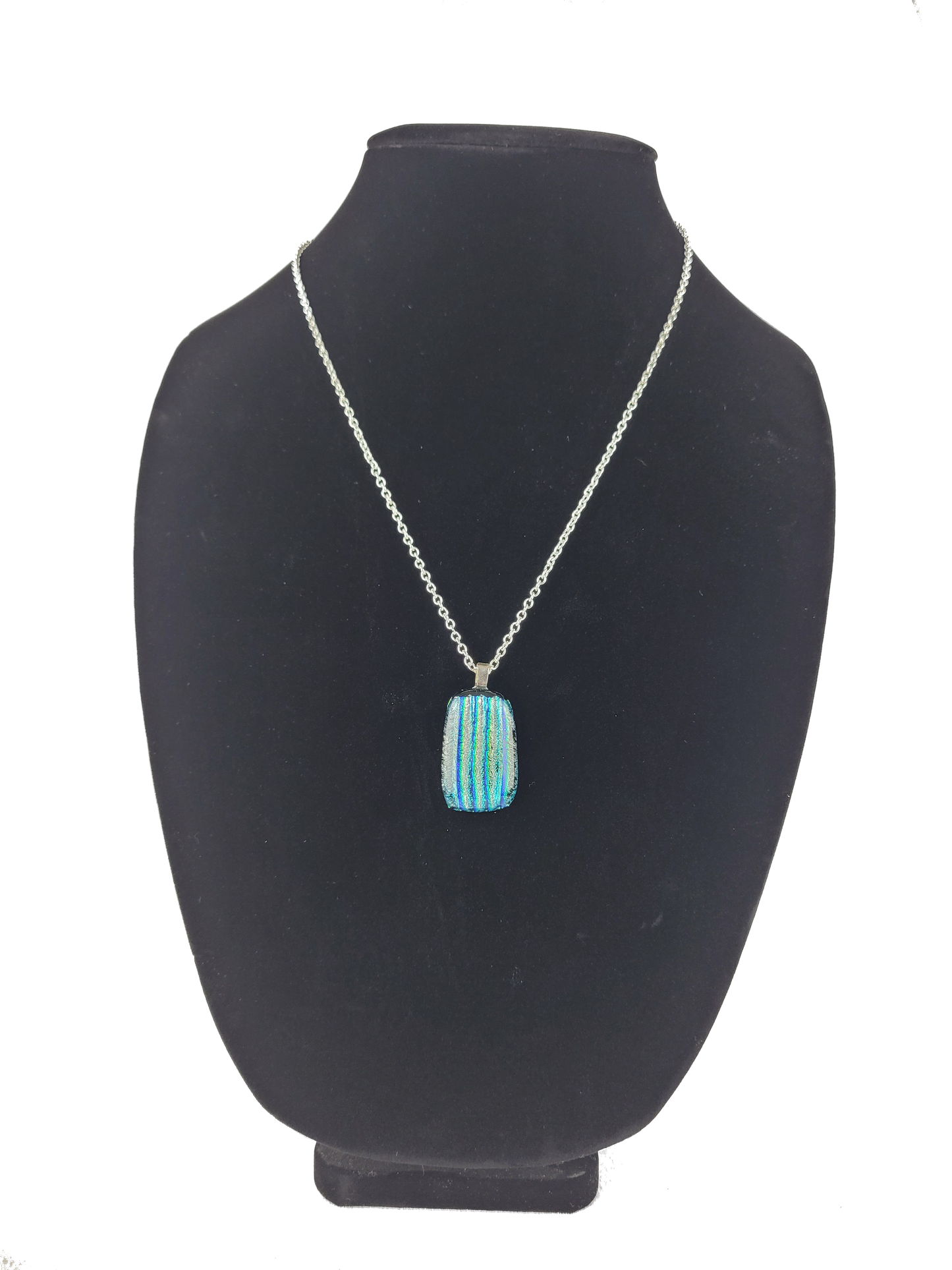 Necklace with a blue pendant on a black bust