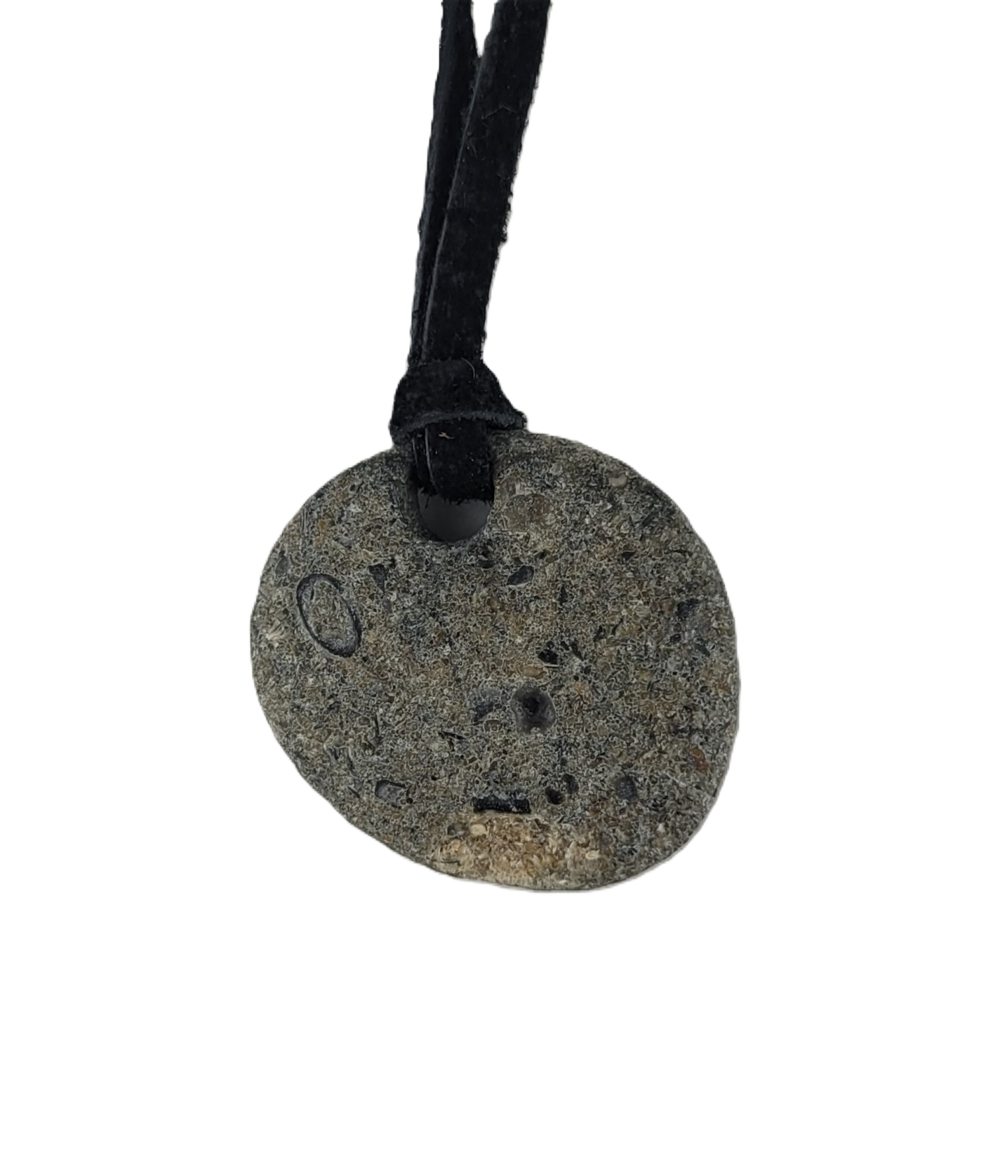 Round stone pendant on a black cord against a white background