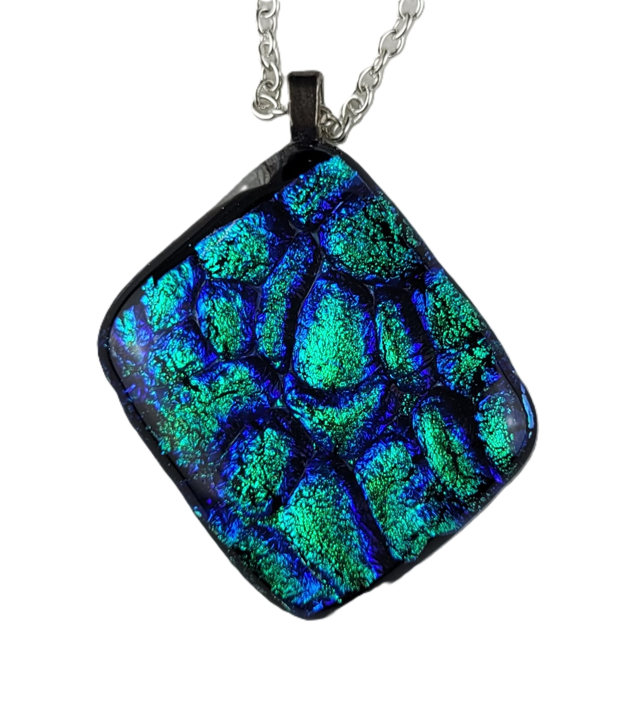 Necklace with a square, multicolored pendant on a white background