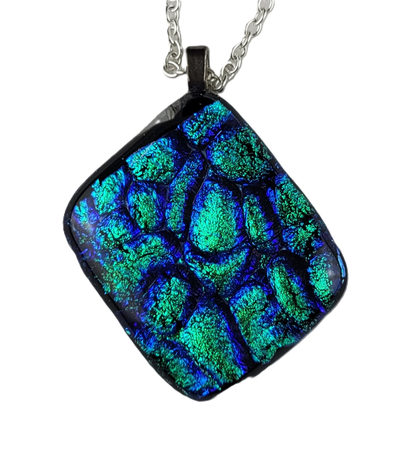 Necklace with a square, multicolored pendant on a white background