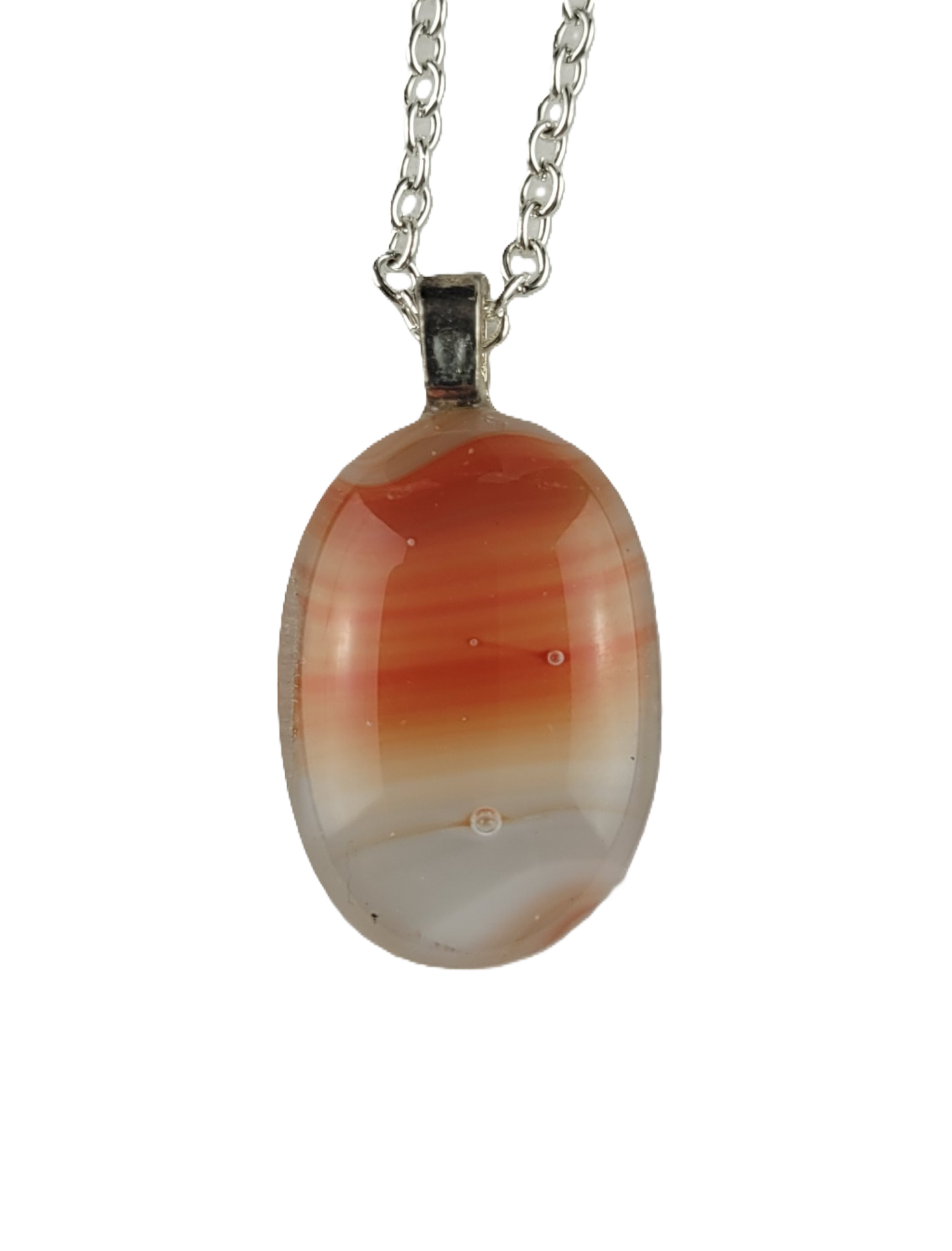 Necklace with an oval pendant featuring red and white patterns on a white background