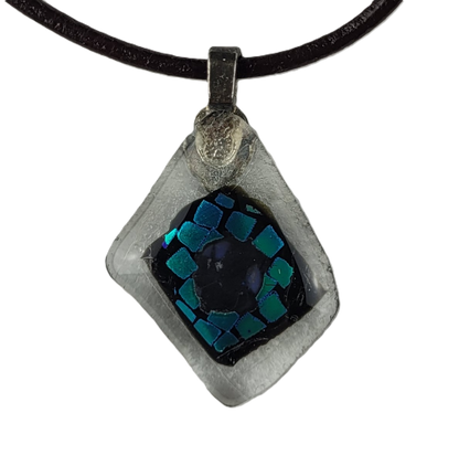 Necklace with a square pendant featuring a blue mosaic design on a white background