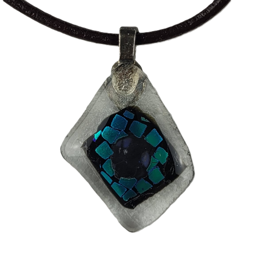 Necklace with a square pendant featuring a blue mosaic design on a white background