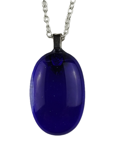 Blue pendant on a silver chain against a white background