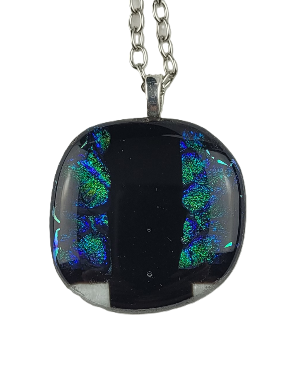 Necklace with a round pendant featuring black and blue colors on a white background