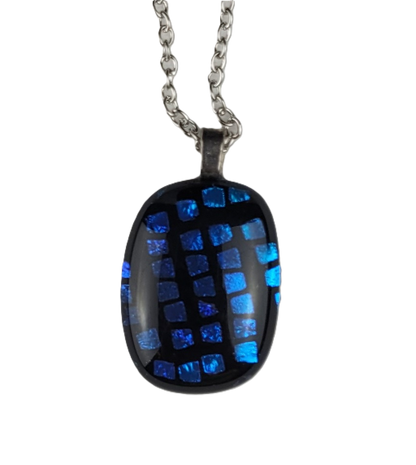 Necklace with a blue and black checkered pendant on a white background