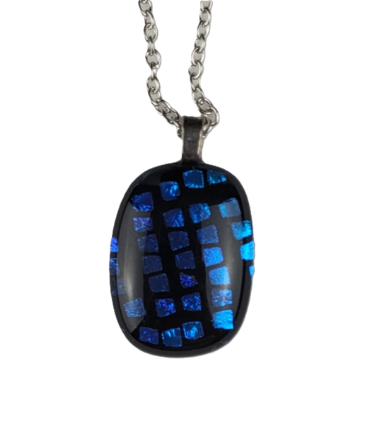 Necklace with a blue and black checkered pendant on a white background