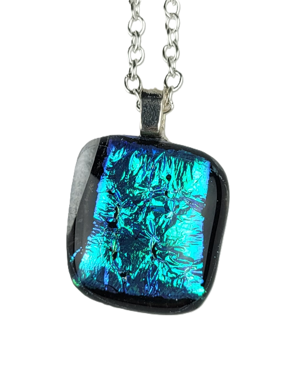 Necklace with a square pendant featuring blue and black colors on a white background