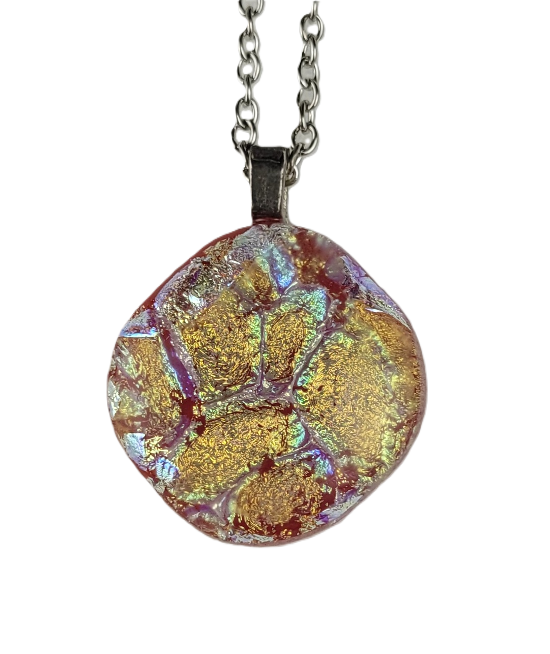 Round multicolored pendant on a chain against a white background