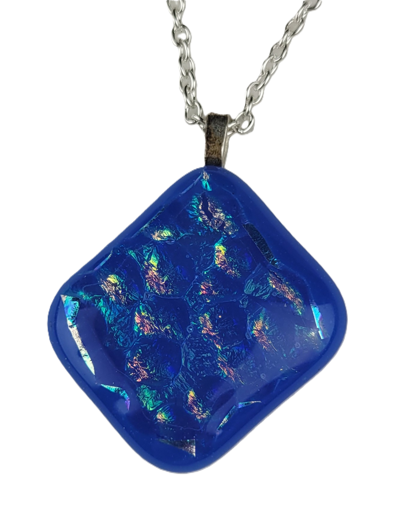 Blue square pendant necklace on a white background