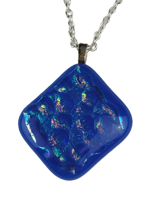 Blue square pendant necklace on a white background