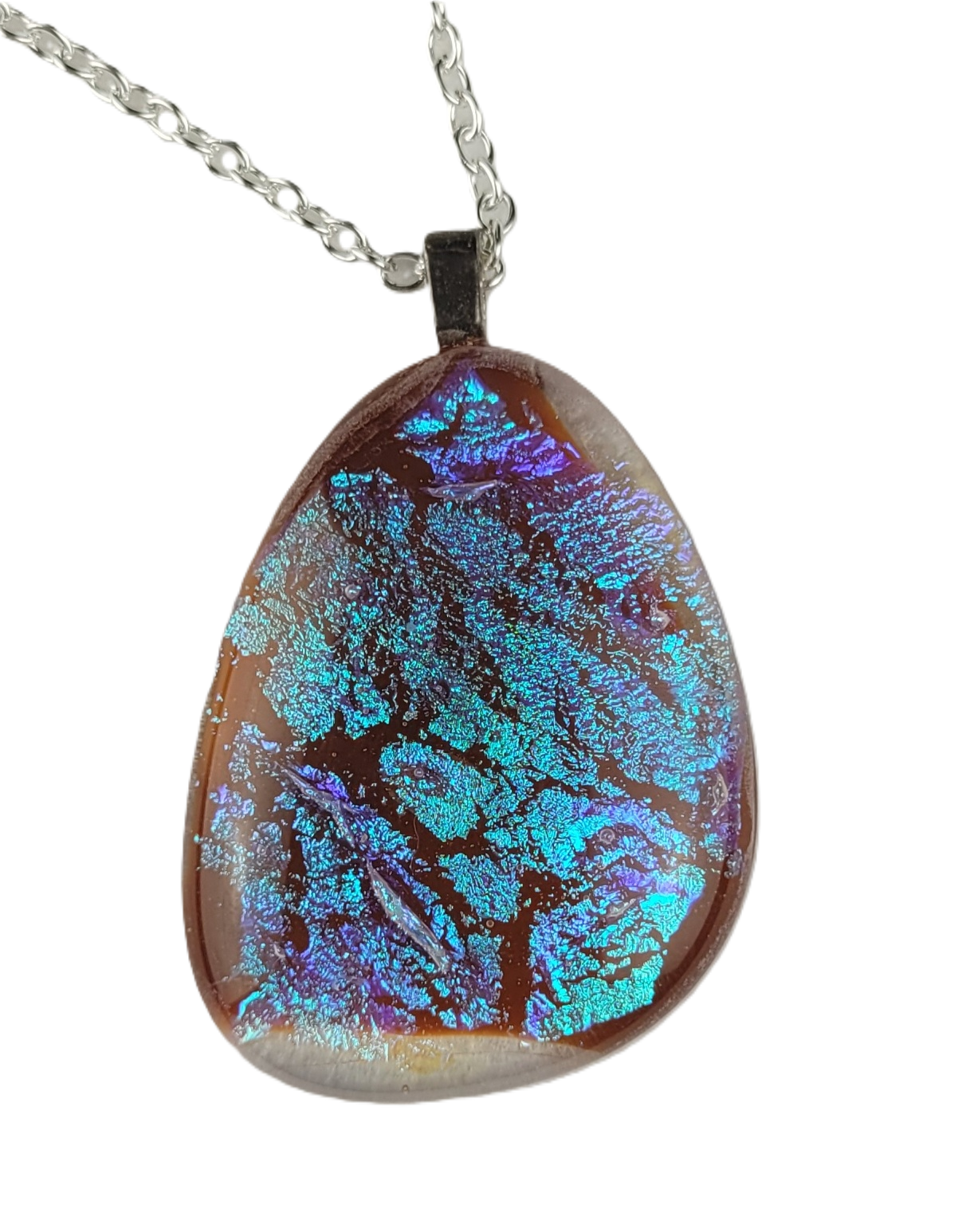 Teardrop-shaped pendant with blue and purple patterns on a white background