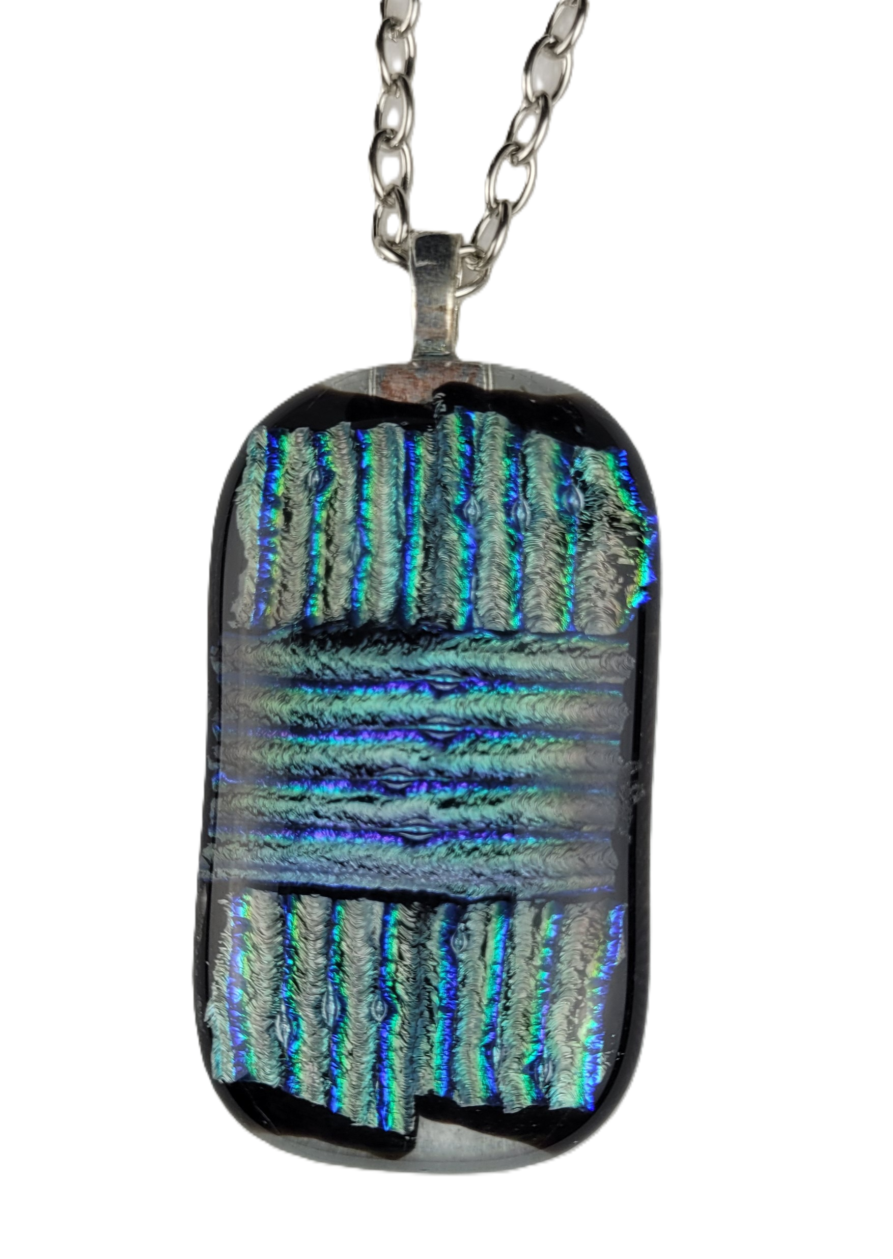Rectangular dichroic glass pendant on a chain against a white background