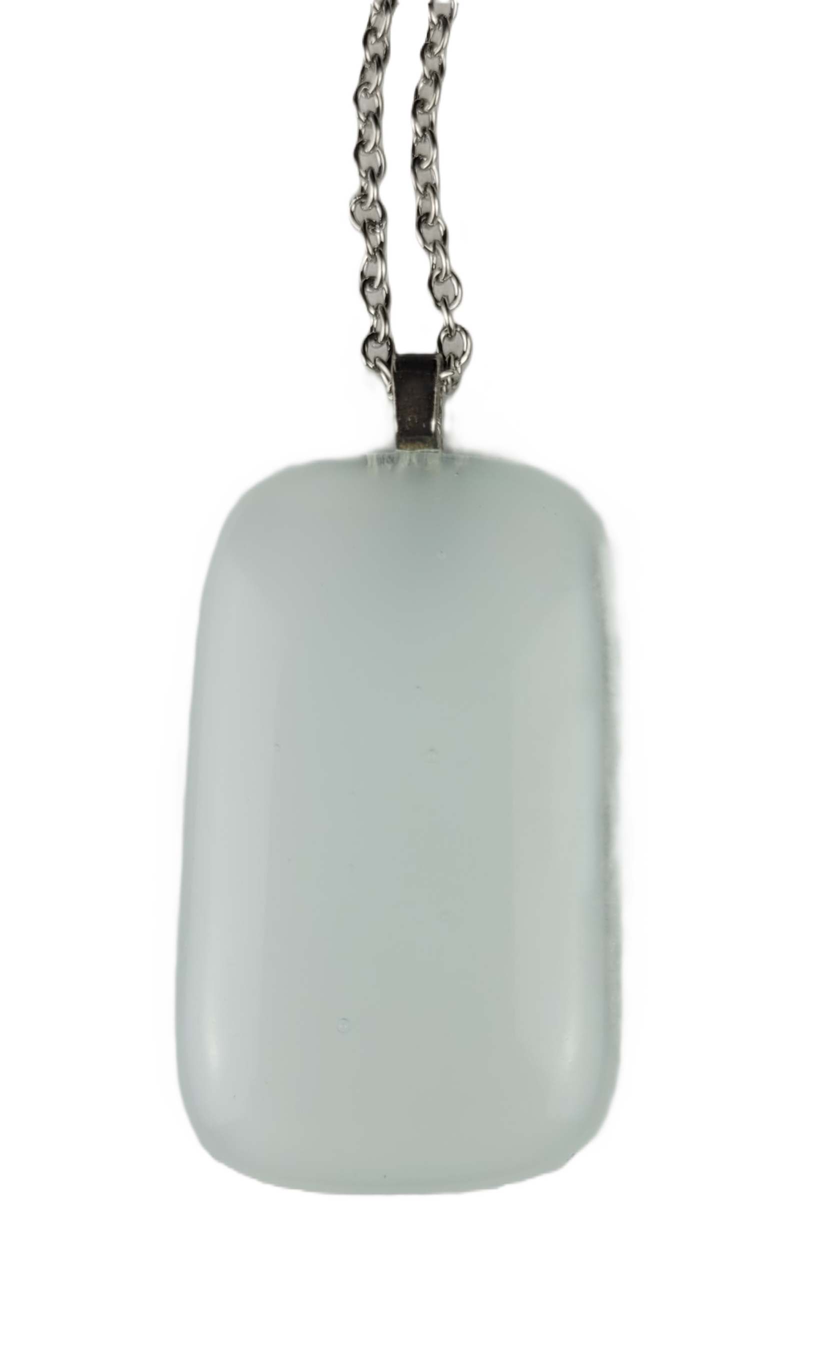 Rectangular white fused glass pendant on a silver chain against a white background