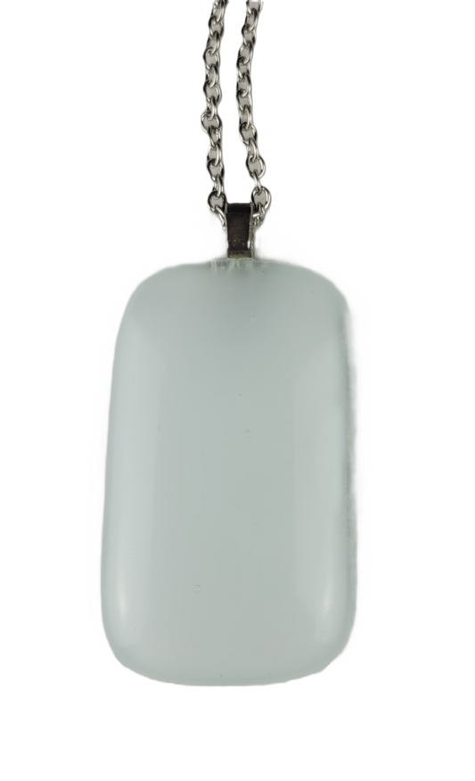 Rectangular white fused glass pendant on a silver chain against a white background