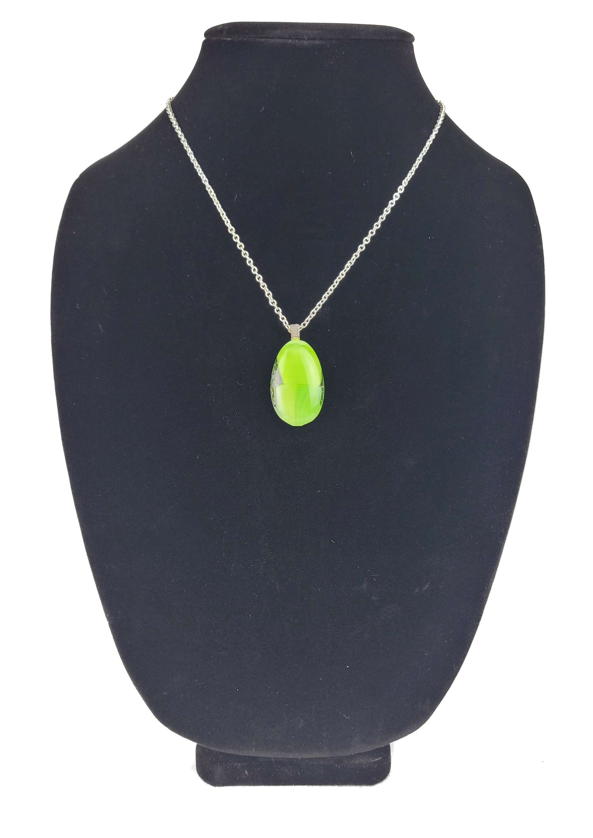 Neon green pendant necklace on a black mannequin bust