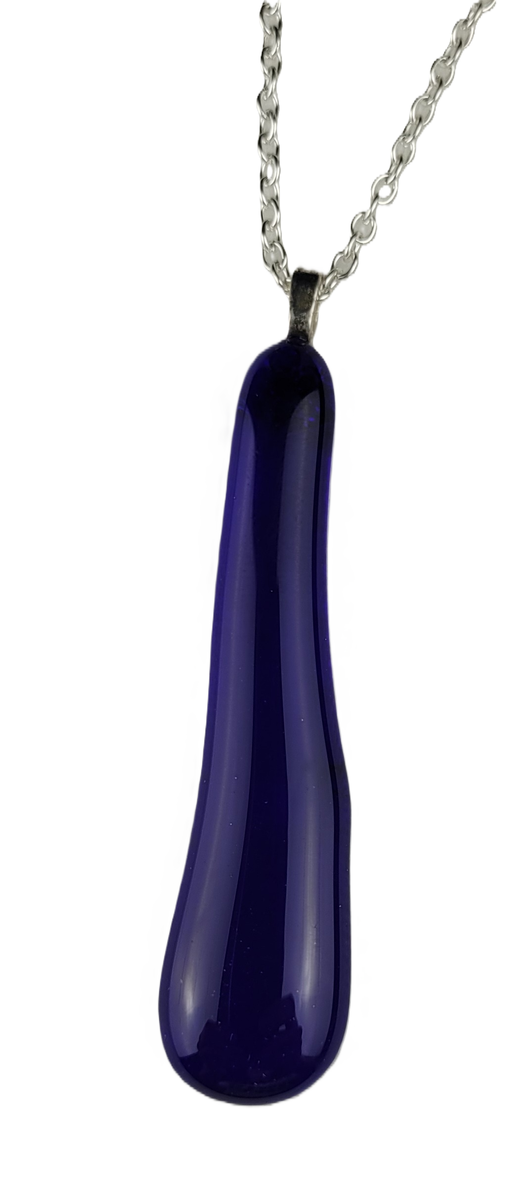 Navy blue pendant on a silver chain against a white background