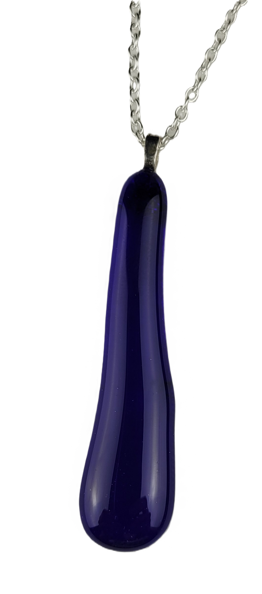 Navy blue pendant on a silver chain against a white background