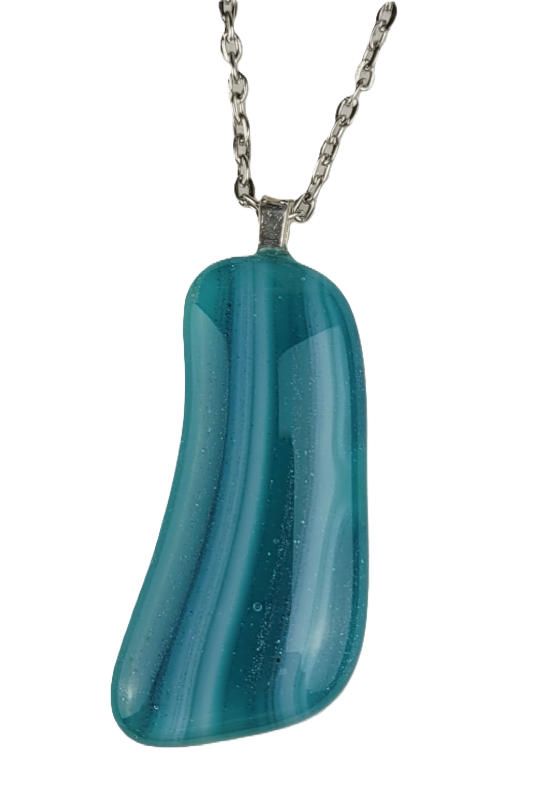Teal pendant necklace on a white background