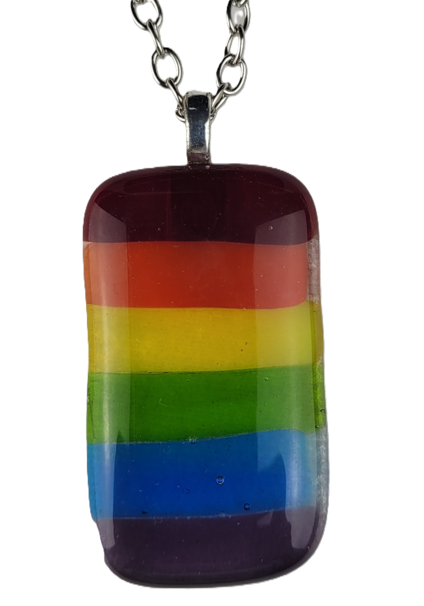 Rainbow striped pendant on a chain against a white background
