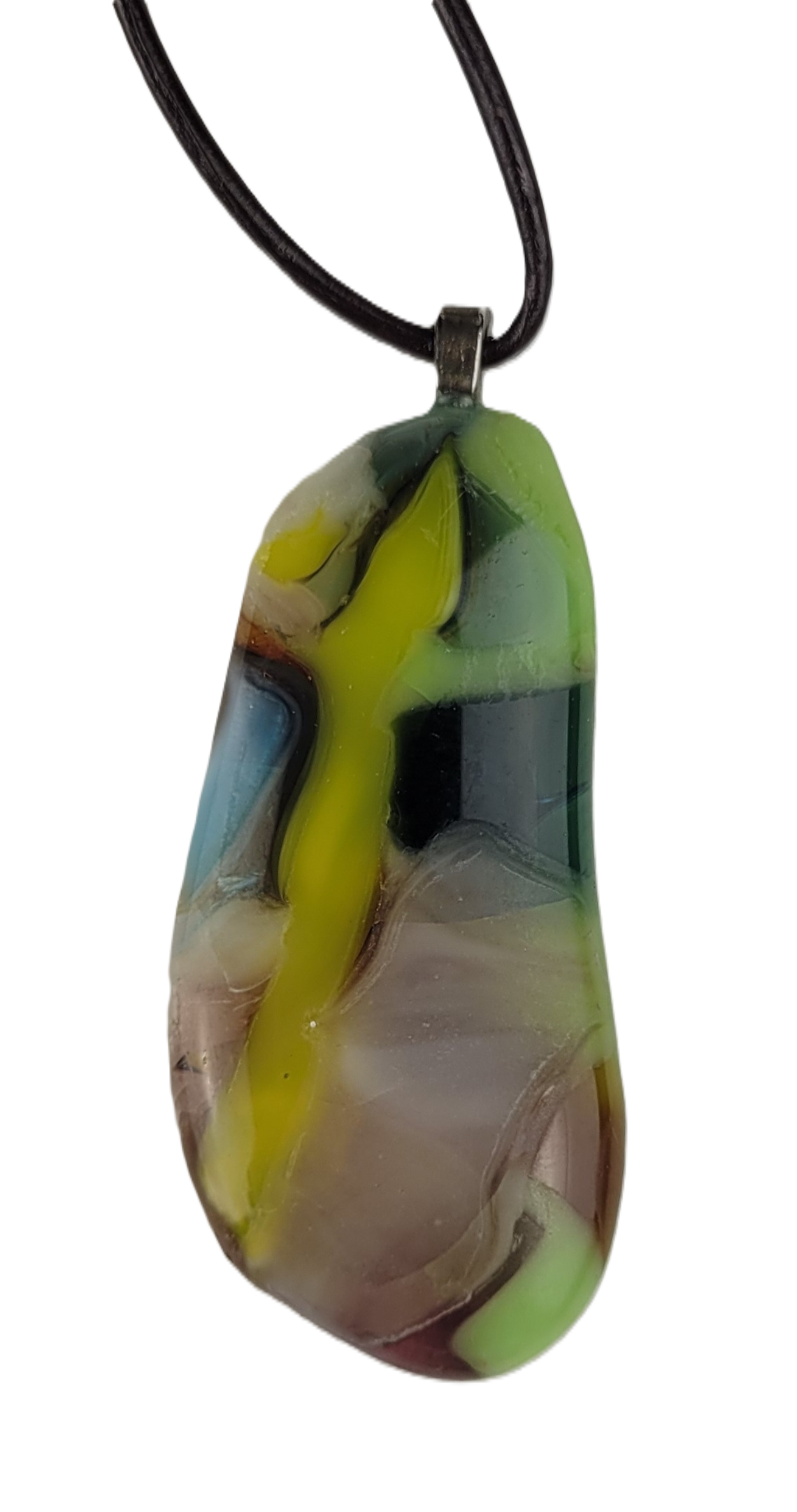 Multicolored pendant on a cord against a white background
