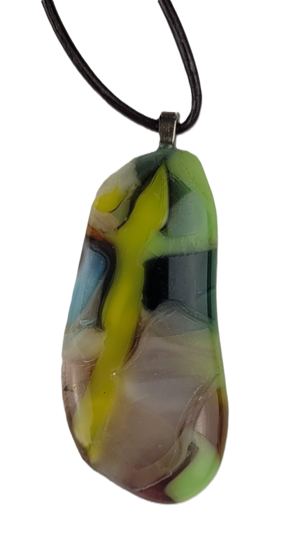 Multicolored pendant on a cord against a white background