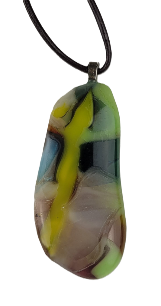 Multicolored pendant on a cord against a white background