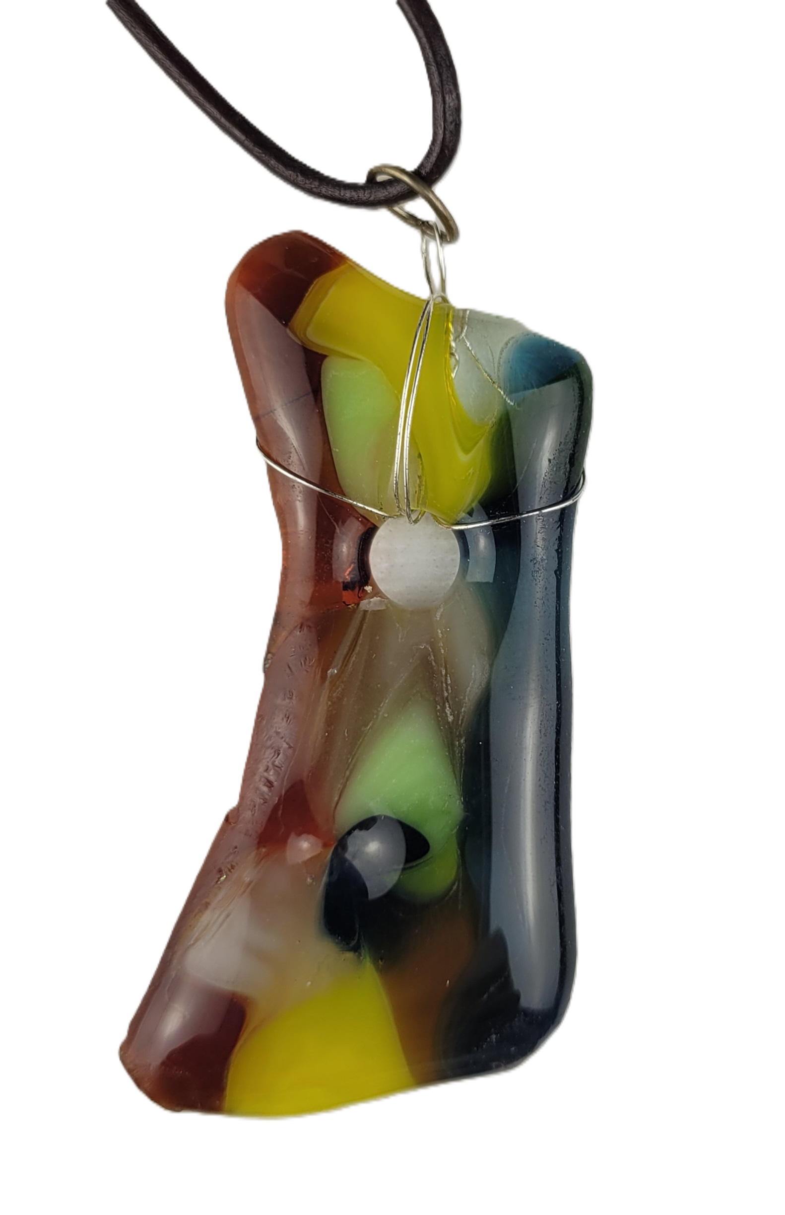 Colorful glass pendant on a cord against a white background
