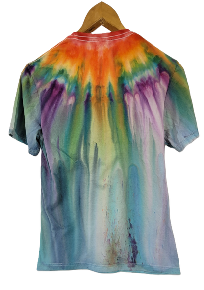 Tie-dye t-shirt on a hanger with a white background