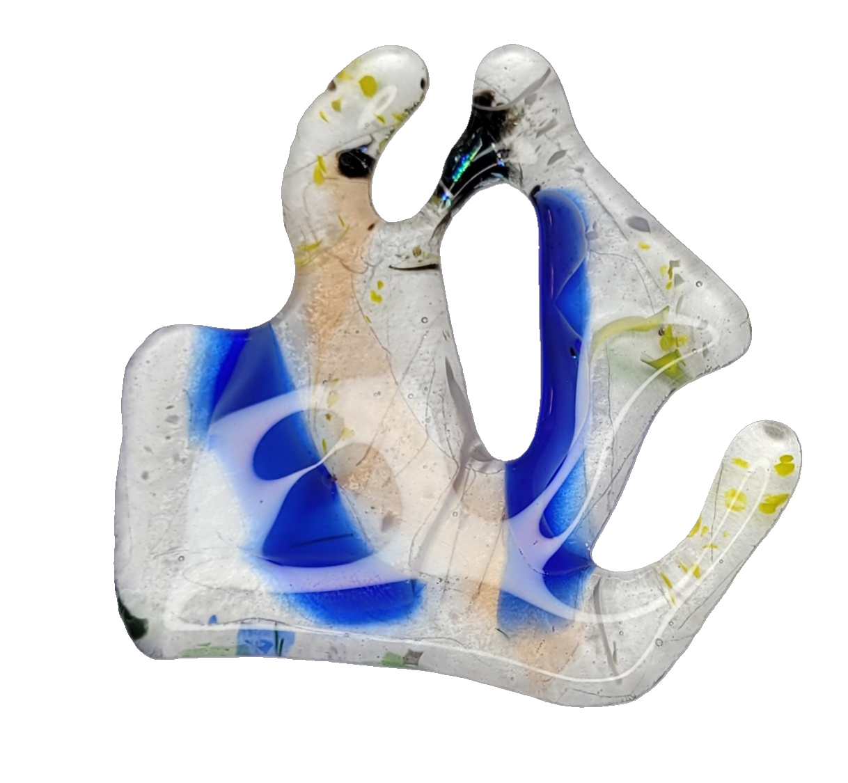 Glass object with blue, white, and beige colors on a white background