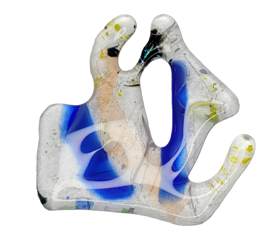 Glass object with blue, white, and beige colors on a white background