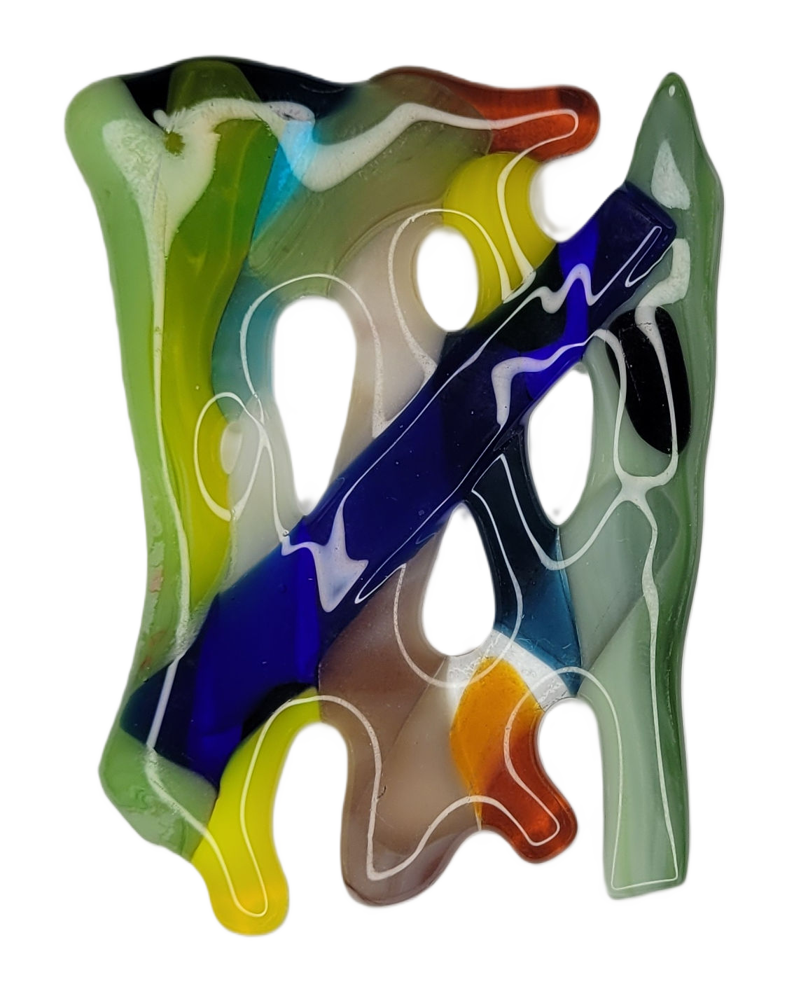 Colorful abstract glass sculpture on a white background