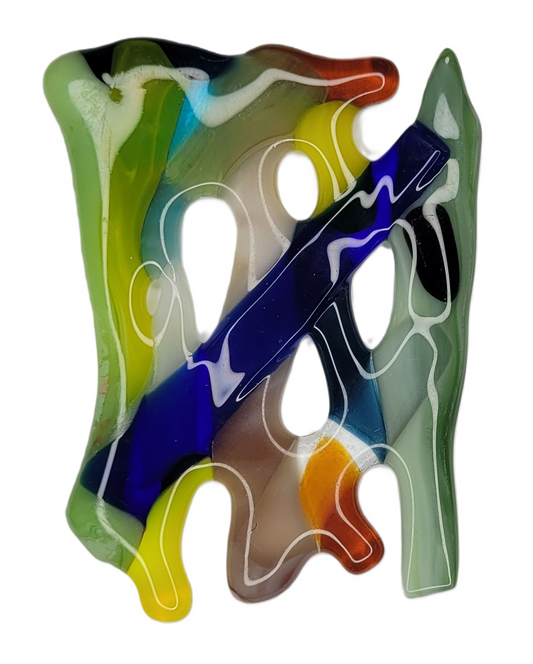 Colorful abstract glass sculpture on a white background