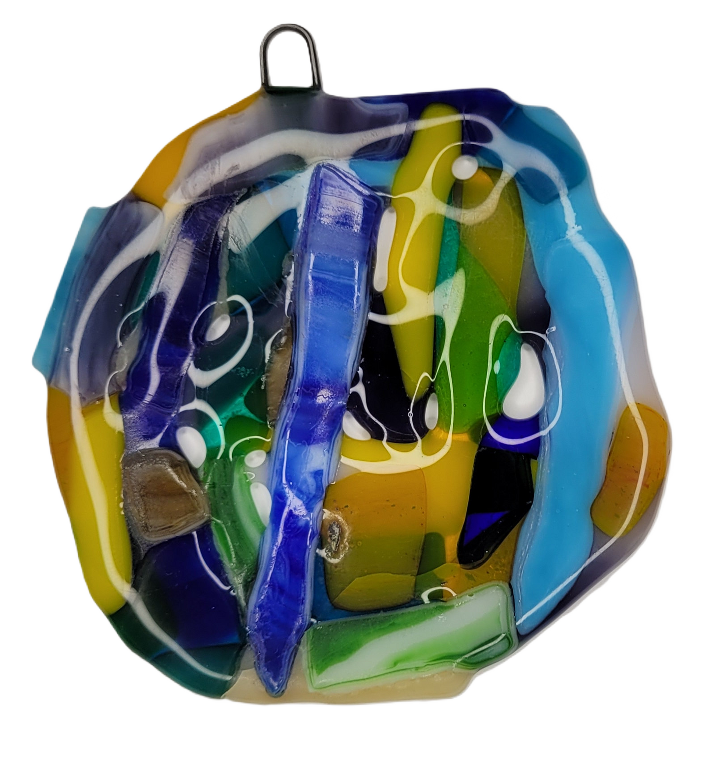 Colorful glass ornament with abstract design on a white background