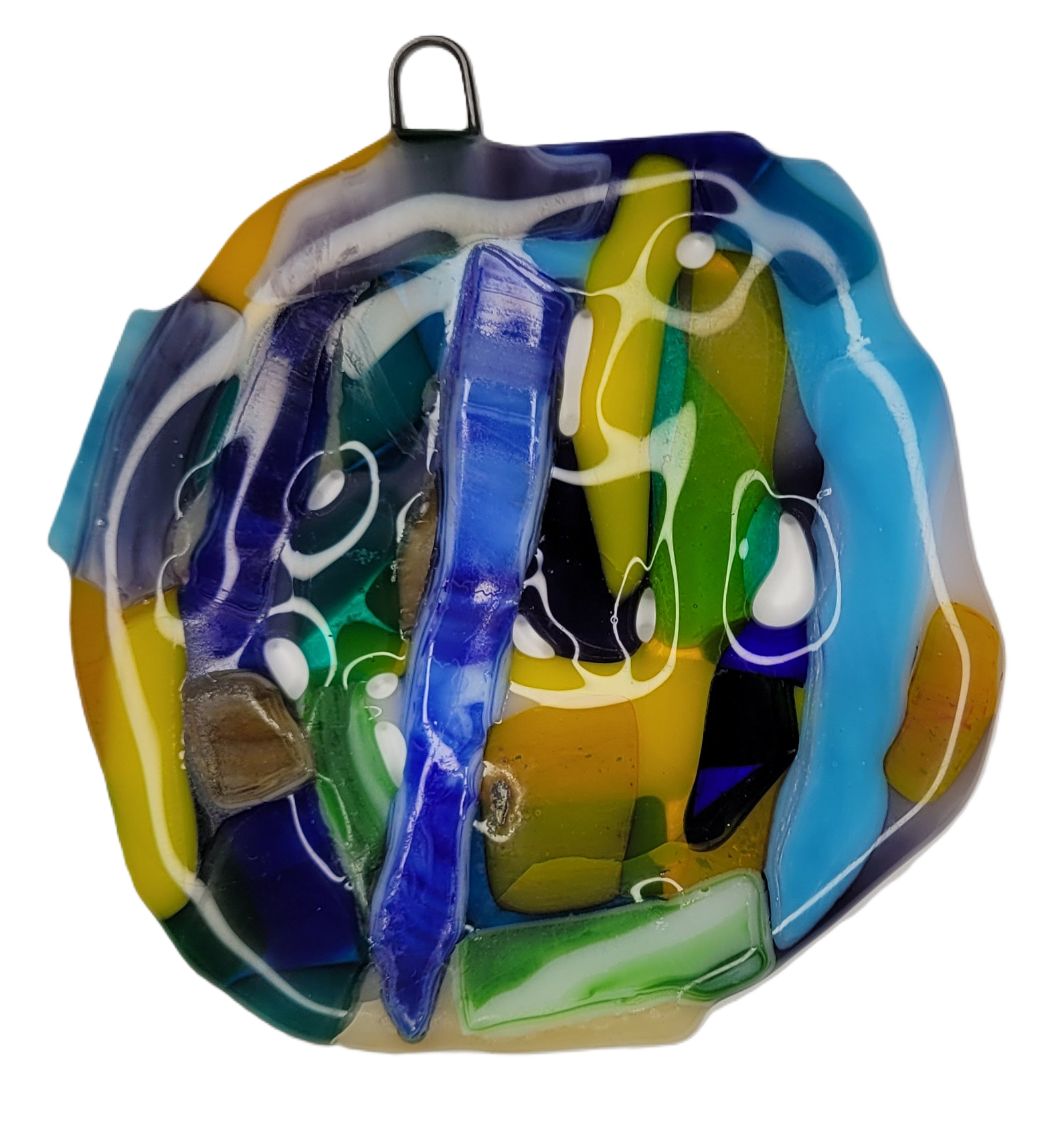 Colorful glass ornament with abstract design on a white background