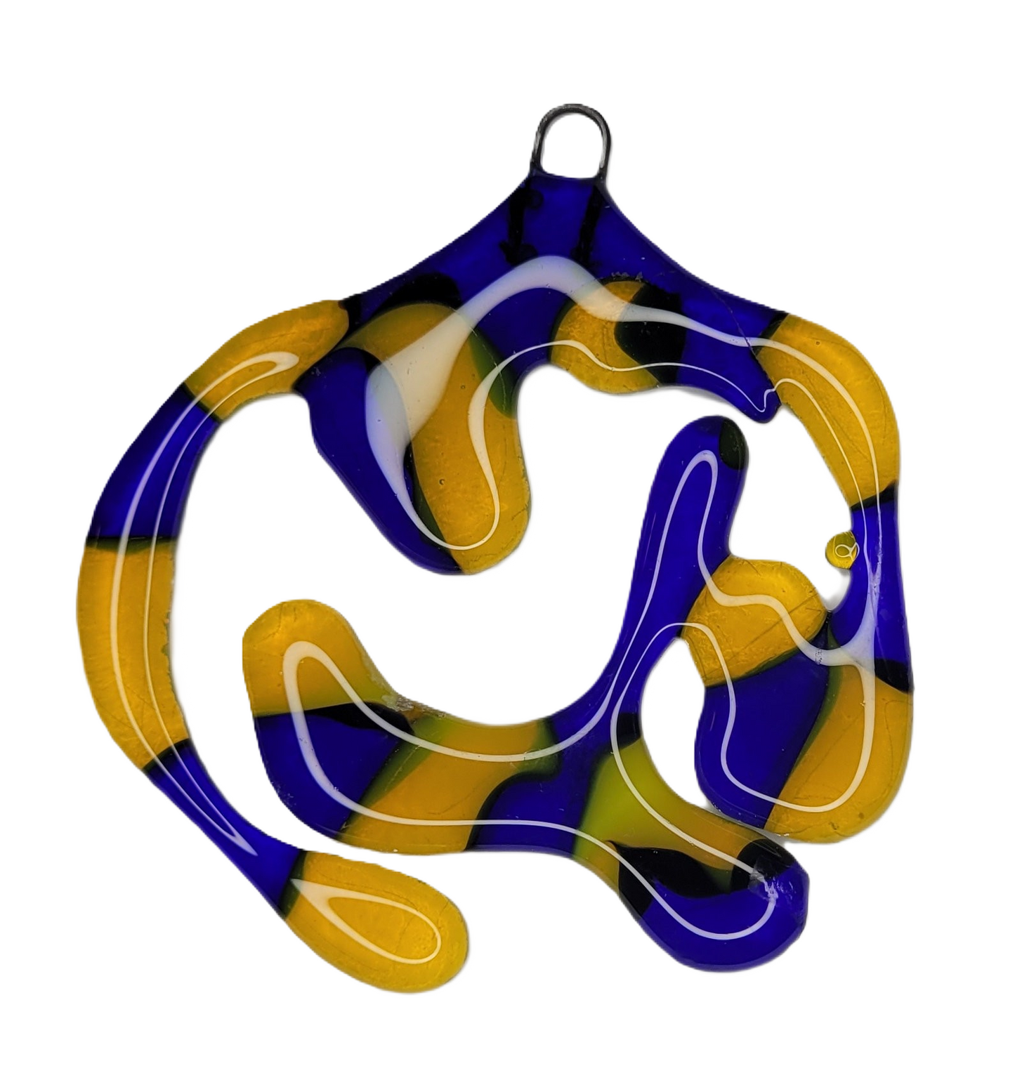 Colorful abstract design with blue, yellow, and white on a white background