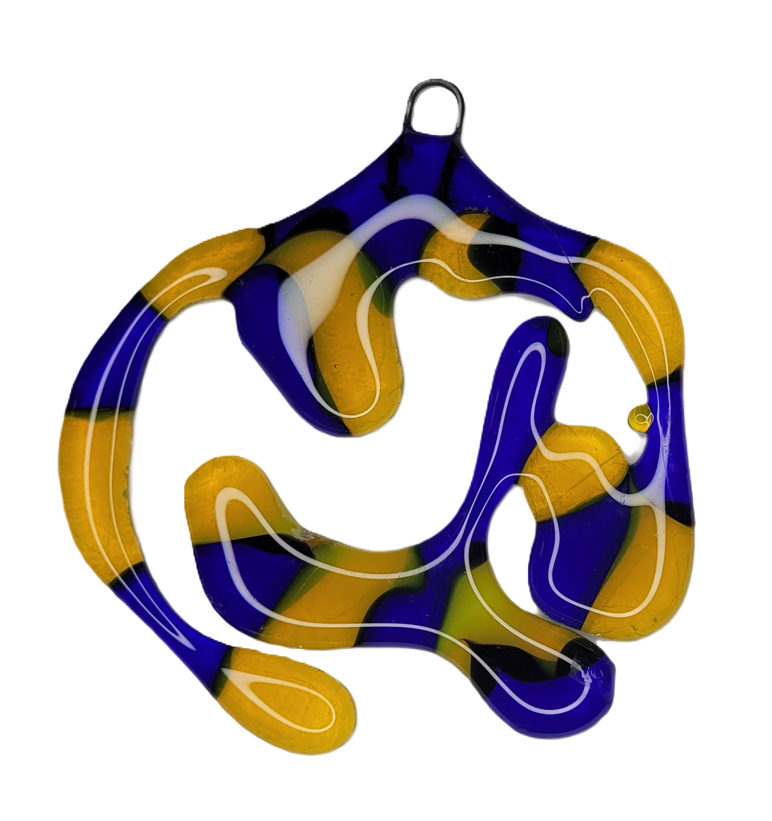 Colorful abstract design with blue, yellow, and white on a white background