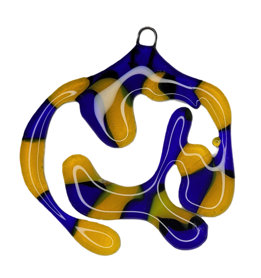 Colorful abstract design with blue, yellow, and white on a white background