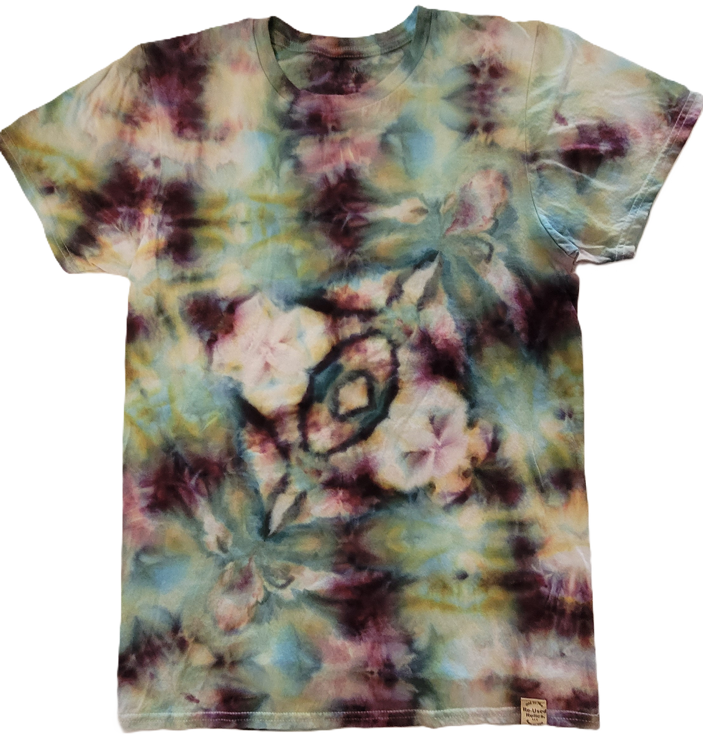 Tie-dye t-shirt with a floral pattern on a white background
