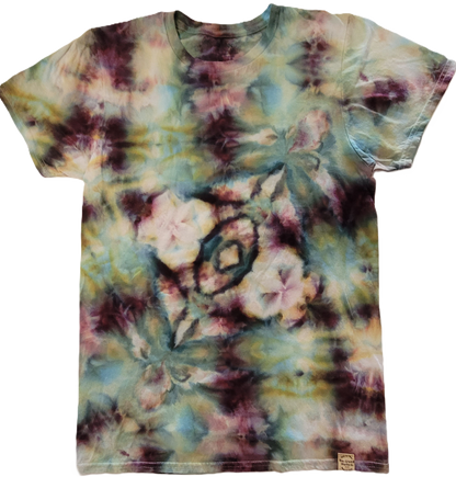 Tie-dye t-shirt with a floral pattern on a white background