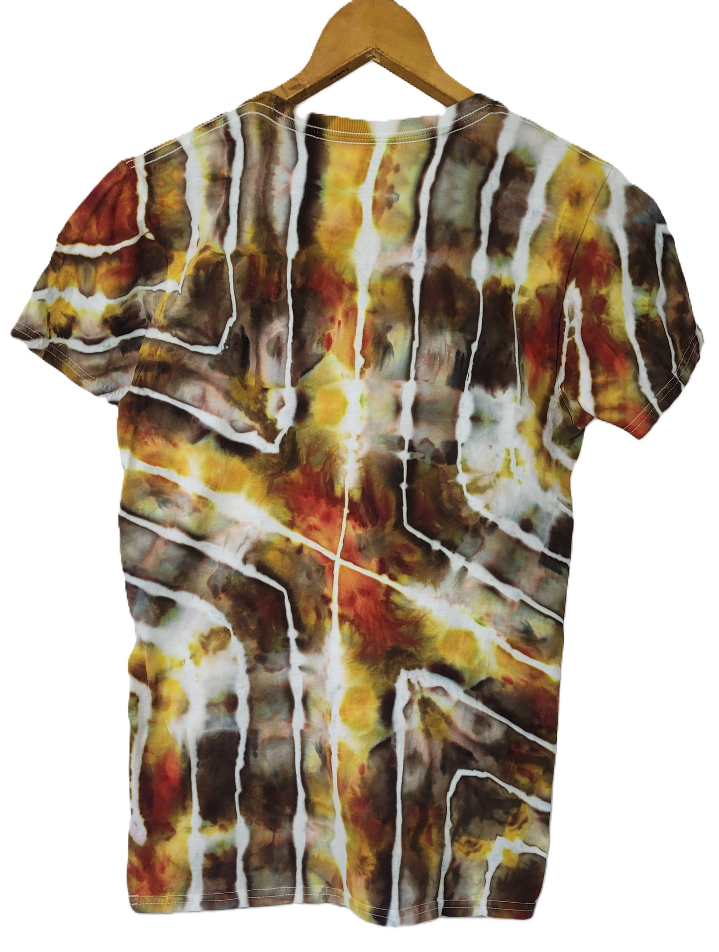 Tie-dye shirt with brown, yellow, and white pattern on a hanger