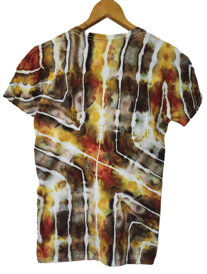 Tie-dye shirt with brown, yellow, and white pattern on a hanger