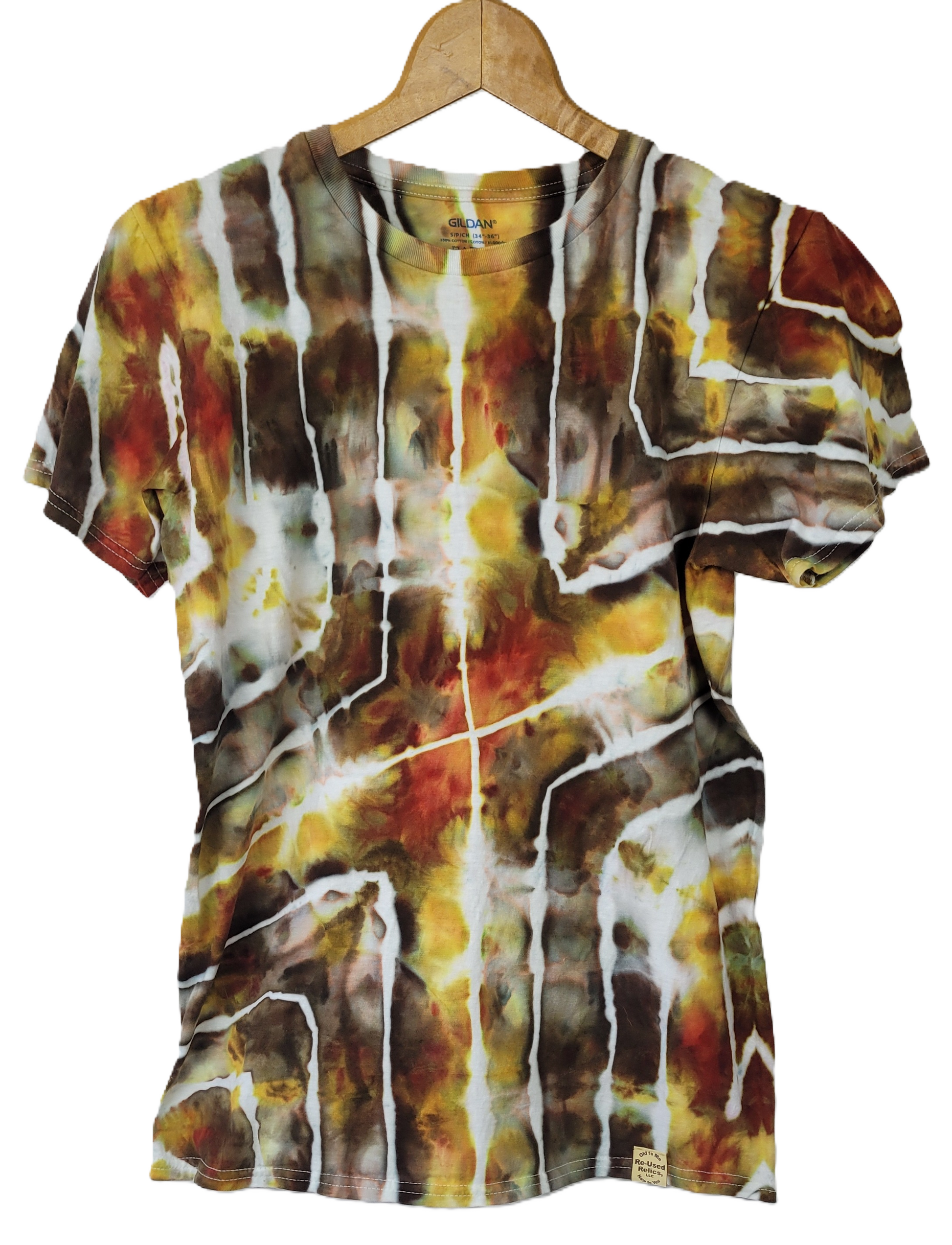 Tie-dye shirt with brown, yellow, and white pattern on a hanger