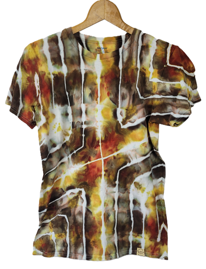 Tie-dye shirt with brown, yellow, and white pattern on a hanger