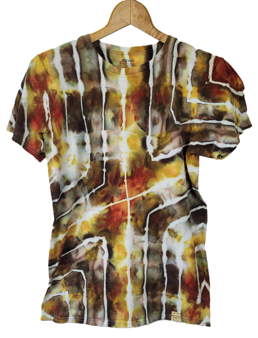 Tie-dye shirt with brown, yellow, and white pattern on a hanger