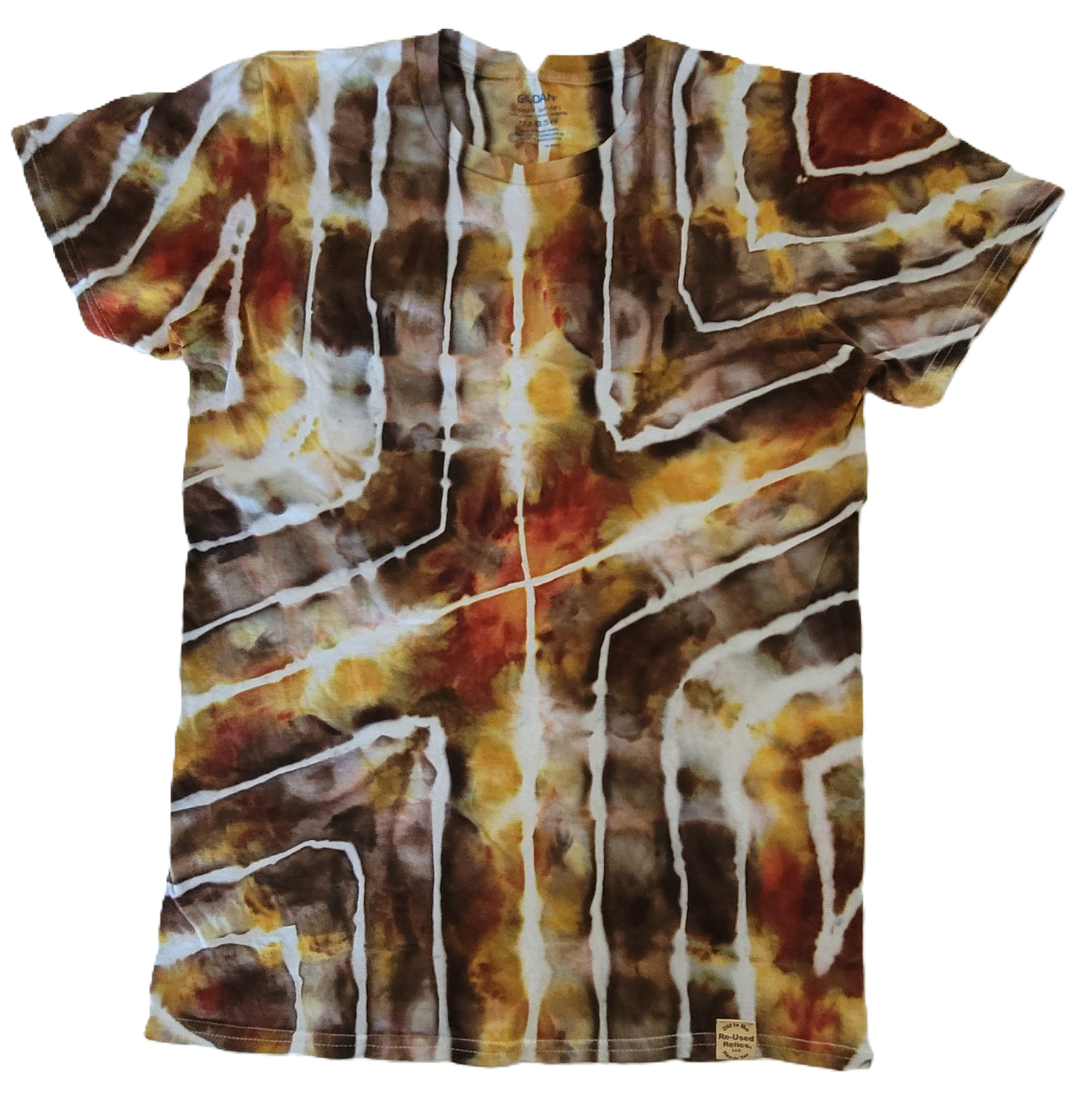 Tie-dye t-shirt with brown, orange, and white pattern on a white background