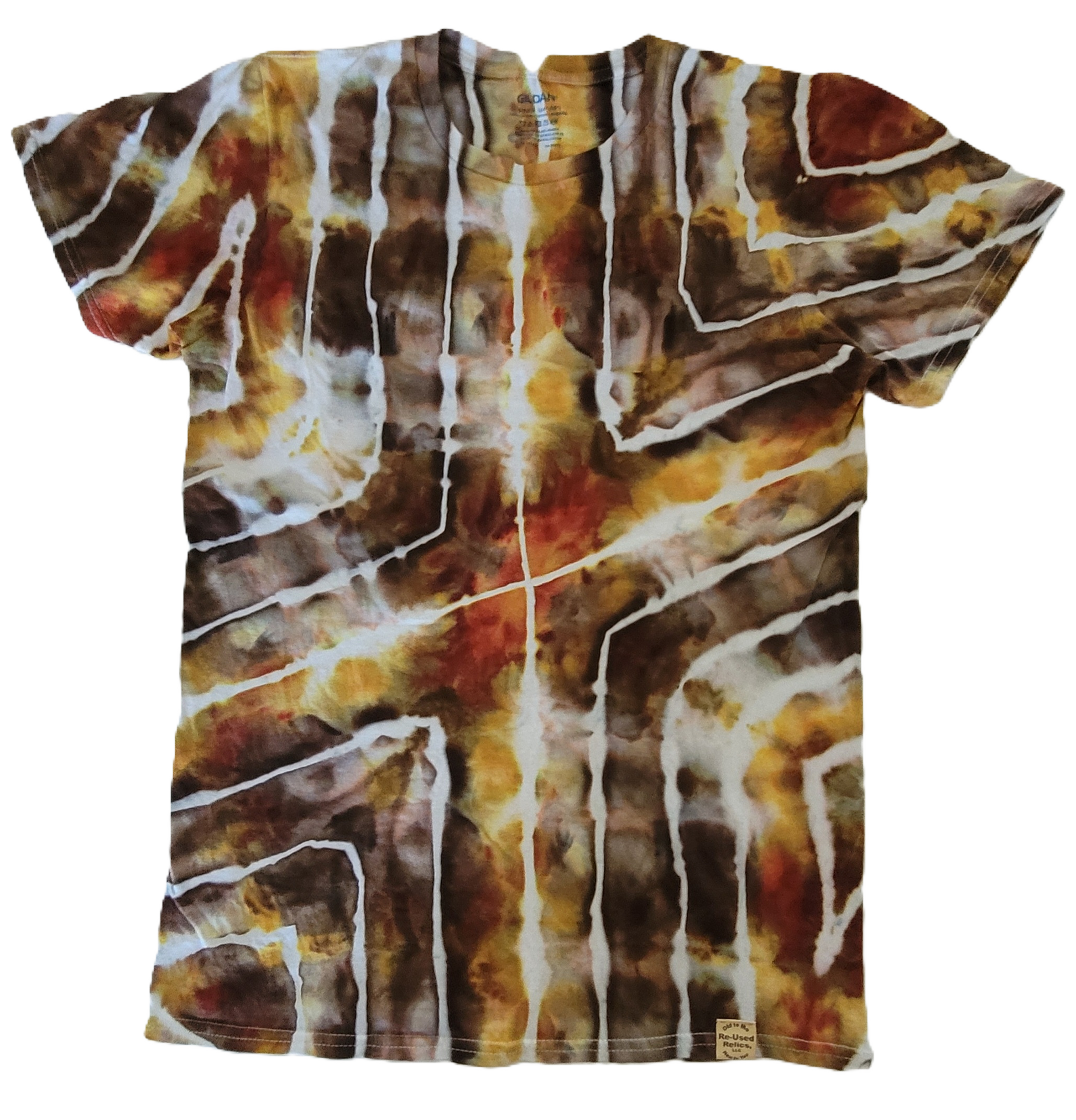 Tie-dye t-shirt with brown, orange, and white pattern on a white background