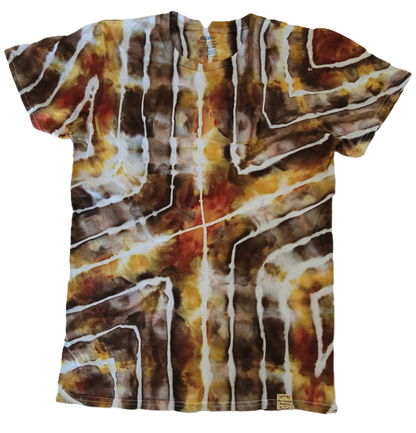 Tie-dye t-shirt with brown, orange, and white pattern on a white background