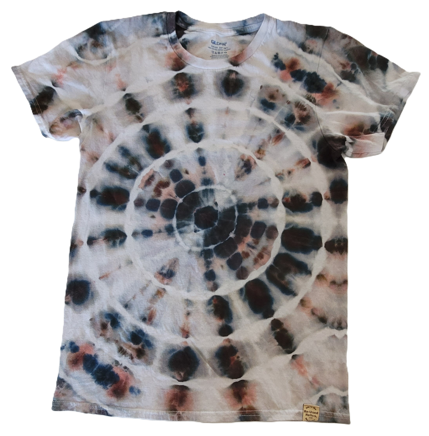 Tie-dye t-shirt with a spiral pattern on a white background